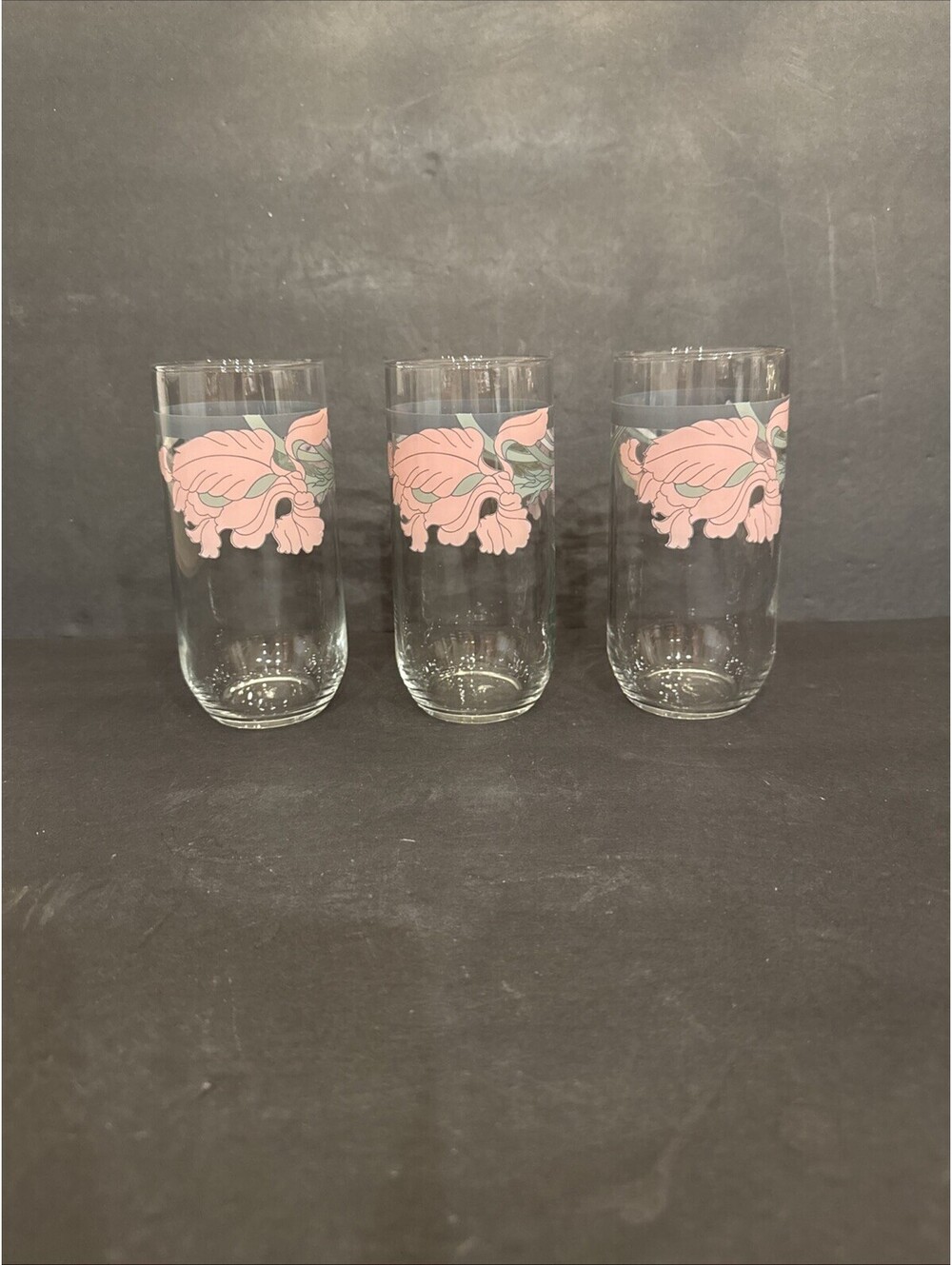 Vintage (3) Libbey Pink Orchid Purple Iris Water Iced Tea Tumbler Glasses 5 7/8”